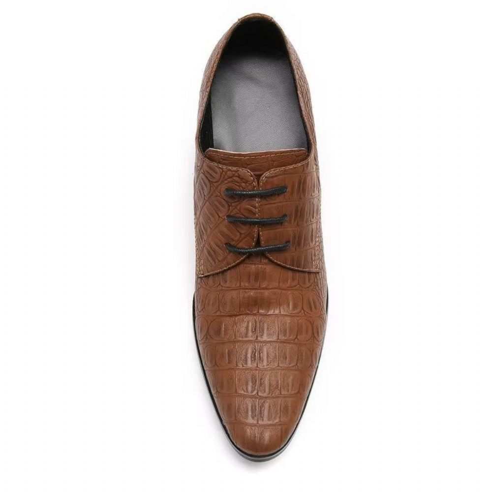 Chaussures Formelles Pour Hommes Habillées Derby Cuir Gaufré Croco Exquis - Café