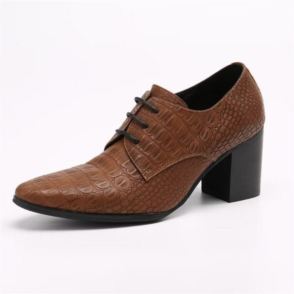 Chaussures Formelles Pour Hommes Habillées Derby Cuir Gaufré Croco Exquis - Café