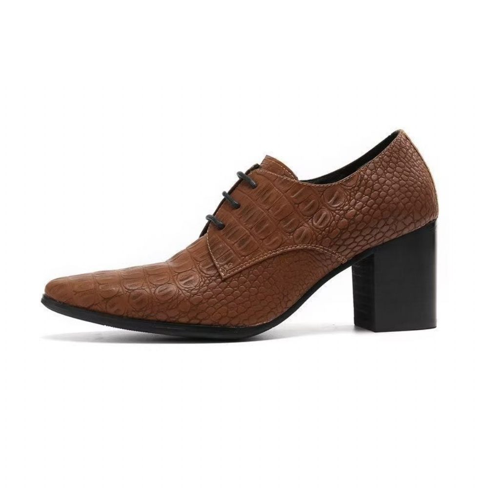 Chaussures Formelles Pour Hommes Habillées Derby Cuir Gaufré Croco Exquis - Café