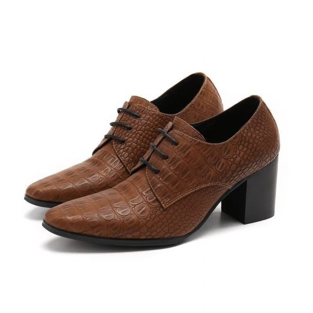 Chaussures Formelles Pour Hommes Habillées Derby Cuir Gaufré Croco Exquis - Café