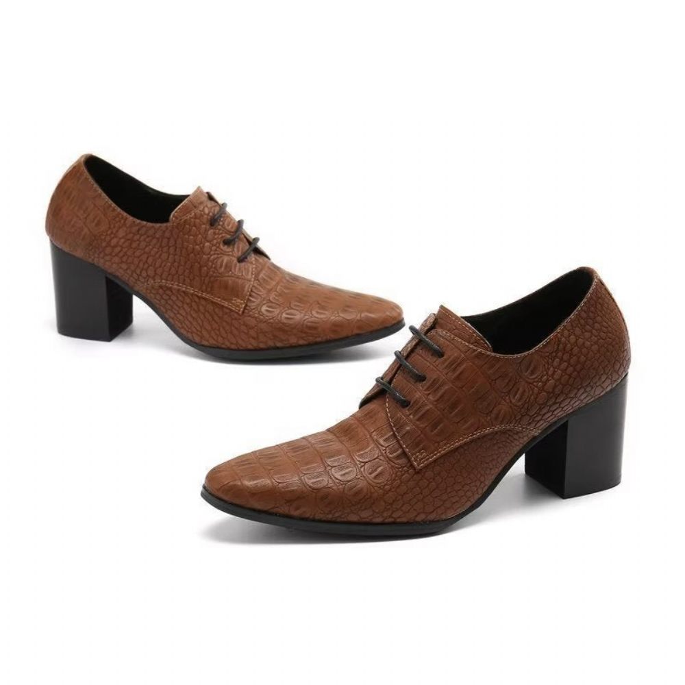 Chaussures Formelles Pour Hommes Habillées Derby Cuir Gaufré Croco Exquis - Café