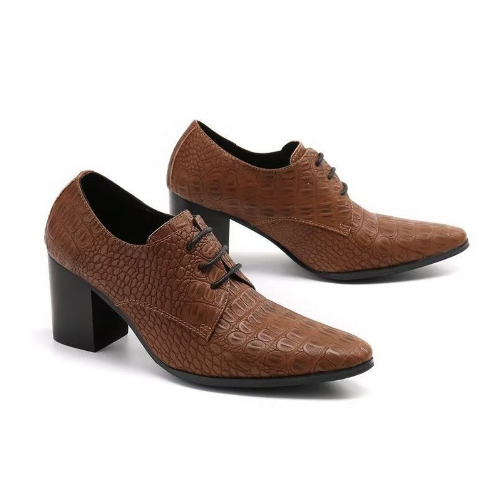 Chaussures Formelles Pour Hommes Habillées Derby Cuir Gaufré Croco Exquis - Café