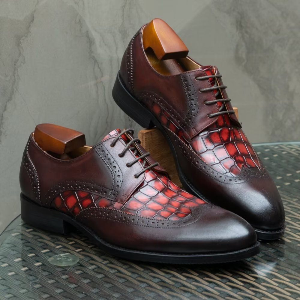 Chaussures Formelles Pour Hommes Habillées Derby À Texture Croco Exquises - Rouge