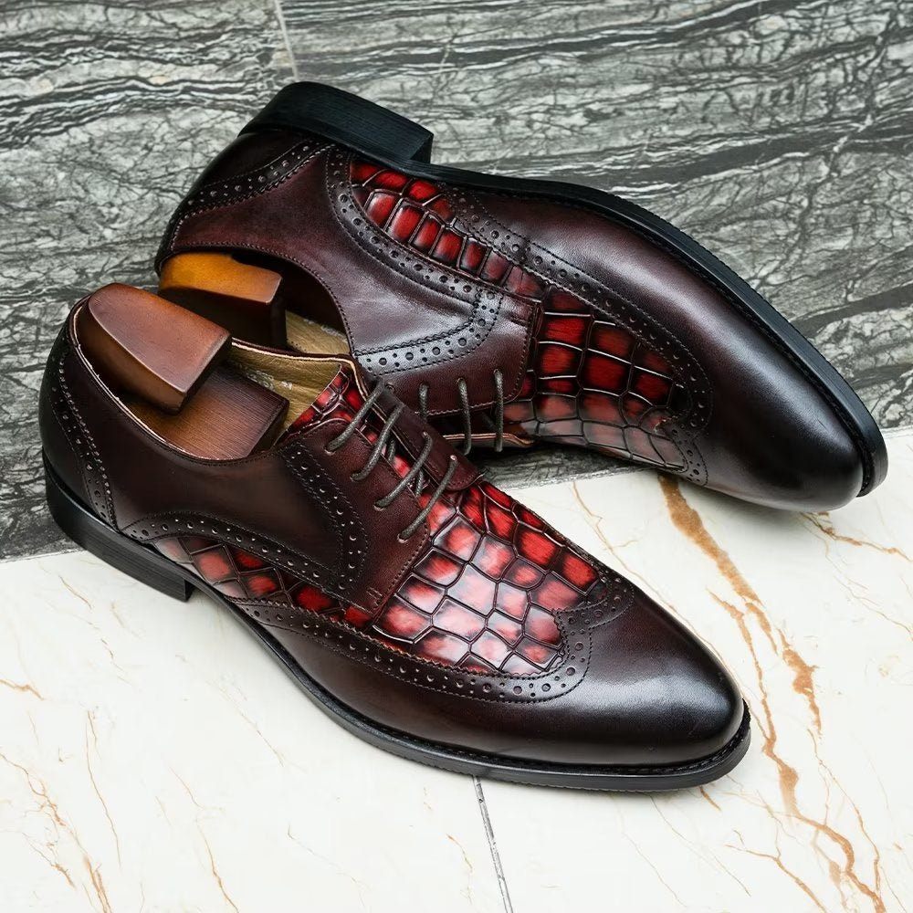 Chaussures Formelles Pour Hommes Habillées Derby À Texture Croco Exquises - Rouge