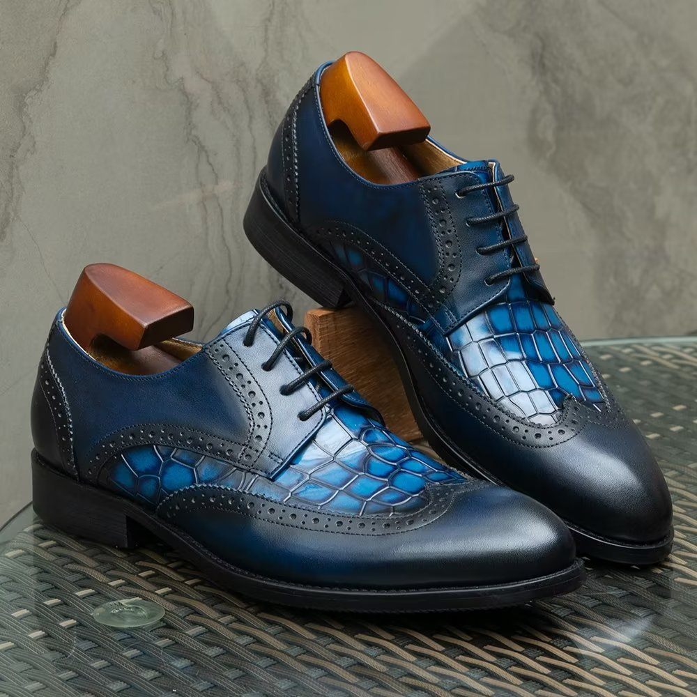 Chaussures Formelles Pour Hommes Habillées Derby À Texture Croco Exquises - Bleu