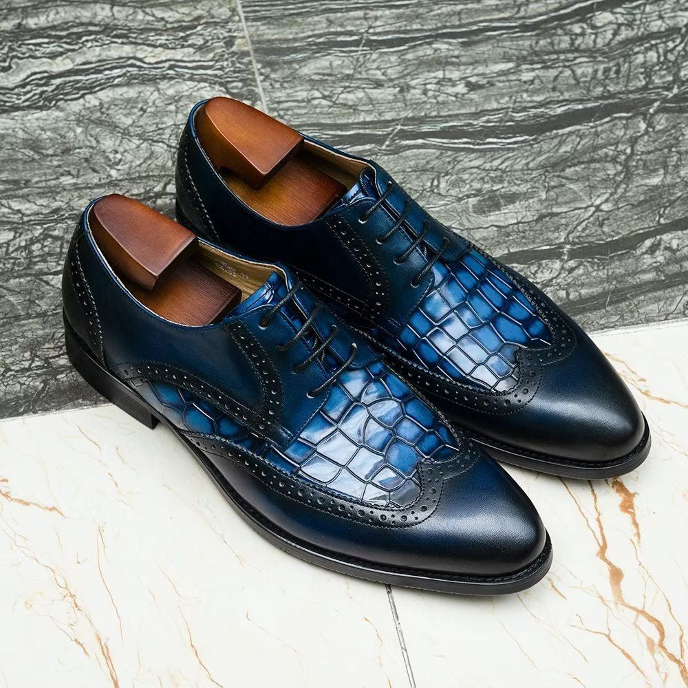 Chaussures Formelles Pour Hommes Habillées Derby À Texture Croco Exquises - Bleu