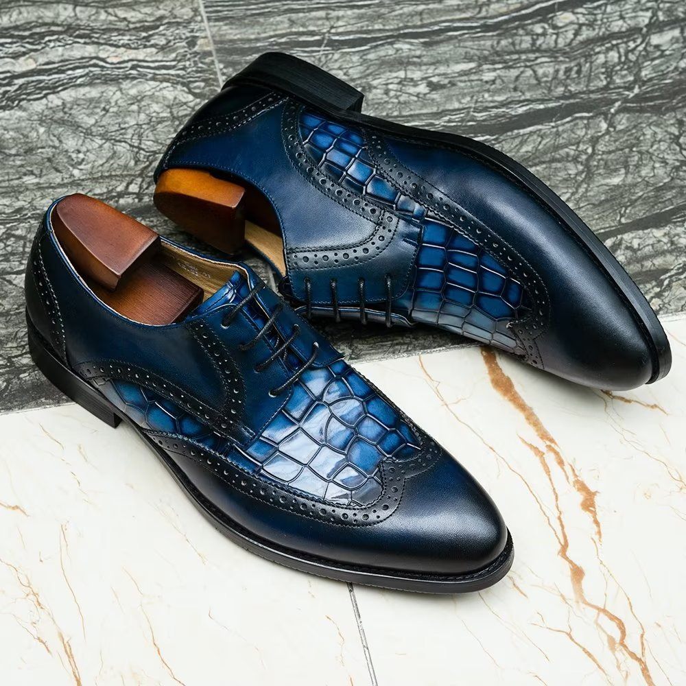 Chaussures Formelles Pour Hommes Habillées Derby À Texture Croco Exquises - Bleu