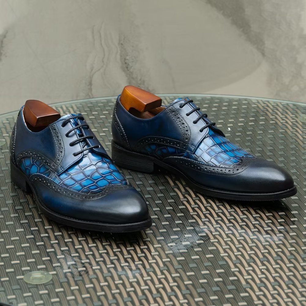 Chaussures Formelles Pour Hommes Habillées Derby À Texture Croco Exquises - Bleu