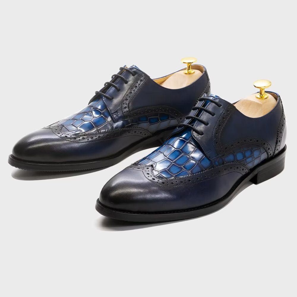 Chaussures Formelles Pour Hommes Habillées Derby À Texture Croco Exquises - Bleu