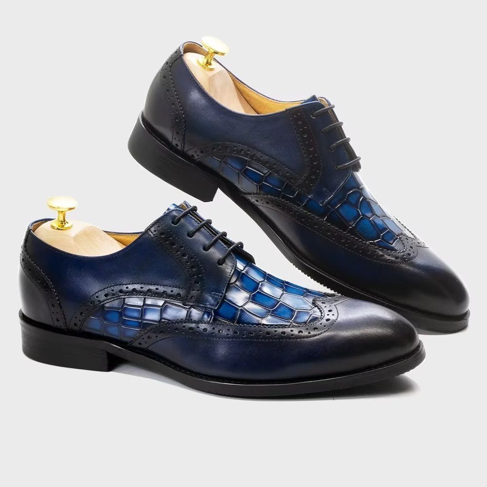 Chaussures Formelles Pour Hommes Habillées Derby À Texture Croco Exquises - Bleu