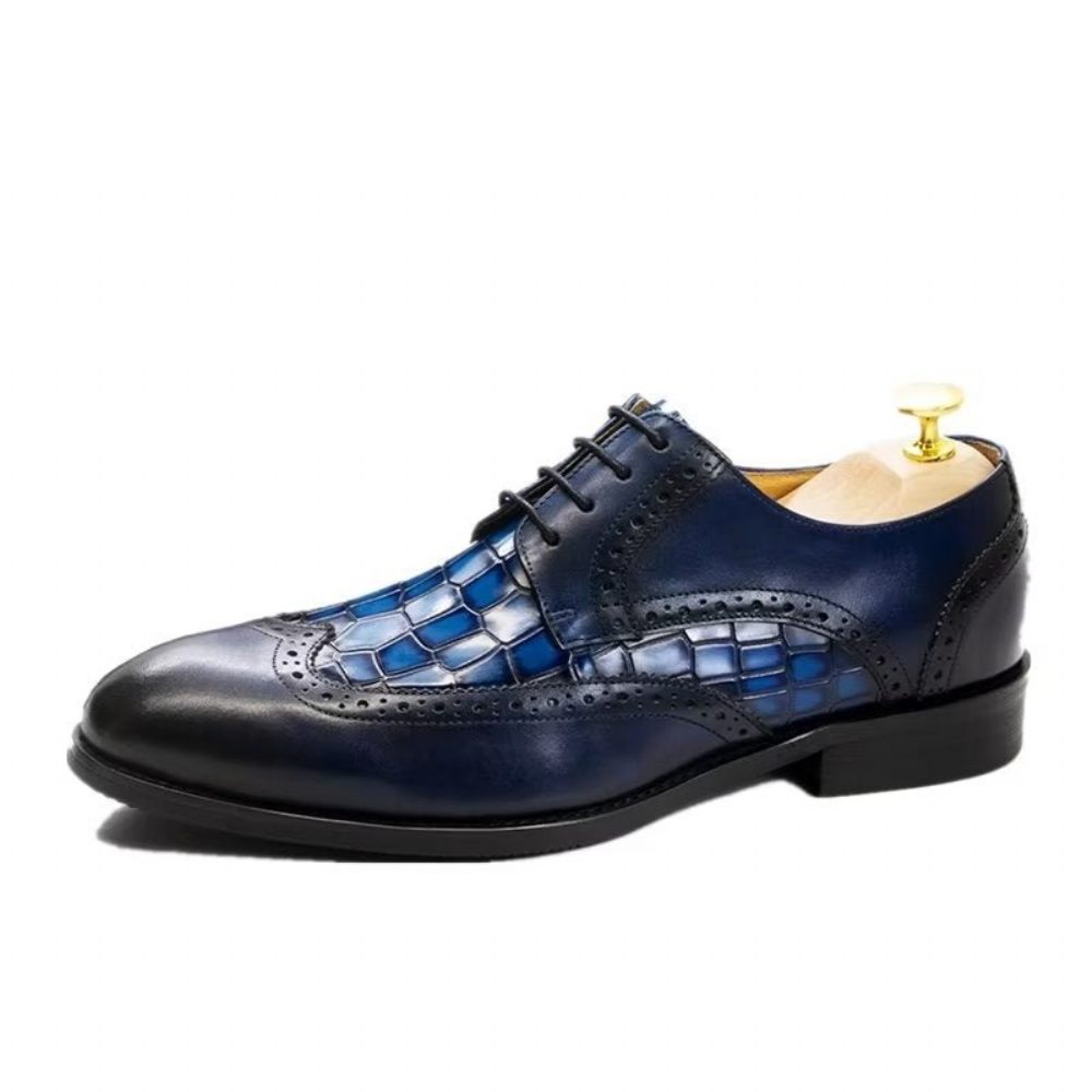 Chaussures Formelles Pour Hommes Habillées Derby À Texture Croco Exquises - Bleu