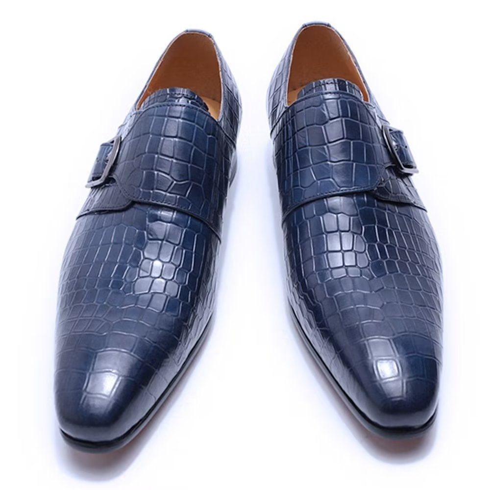 Chaussures Formelles Pour Hommes Habillées Élégantes Luxe Croco Avec Sangle Moine - Bleu