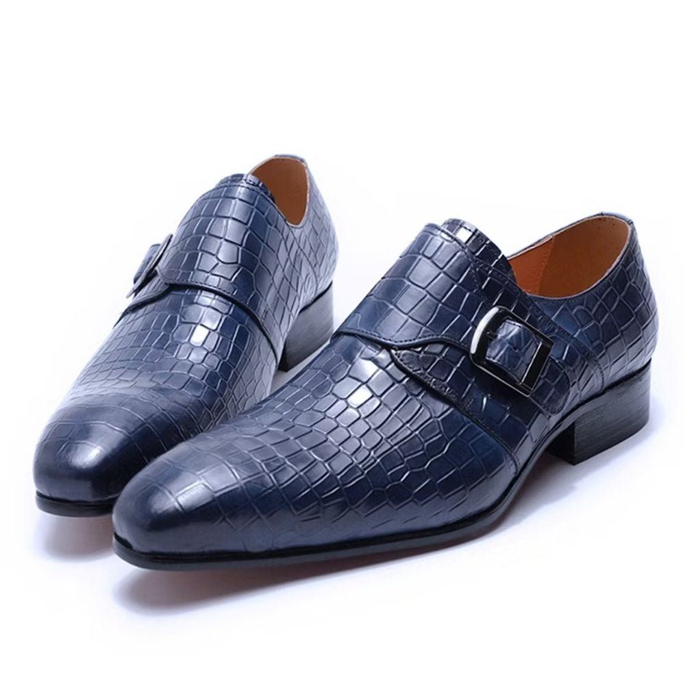 Chaussures Formelles Pour Hommes Habillées Élégantes Luxe Croco Avec Sangle Moine - Bleu