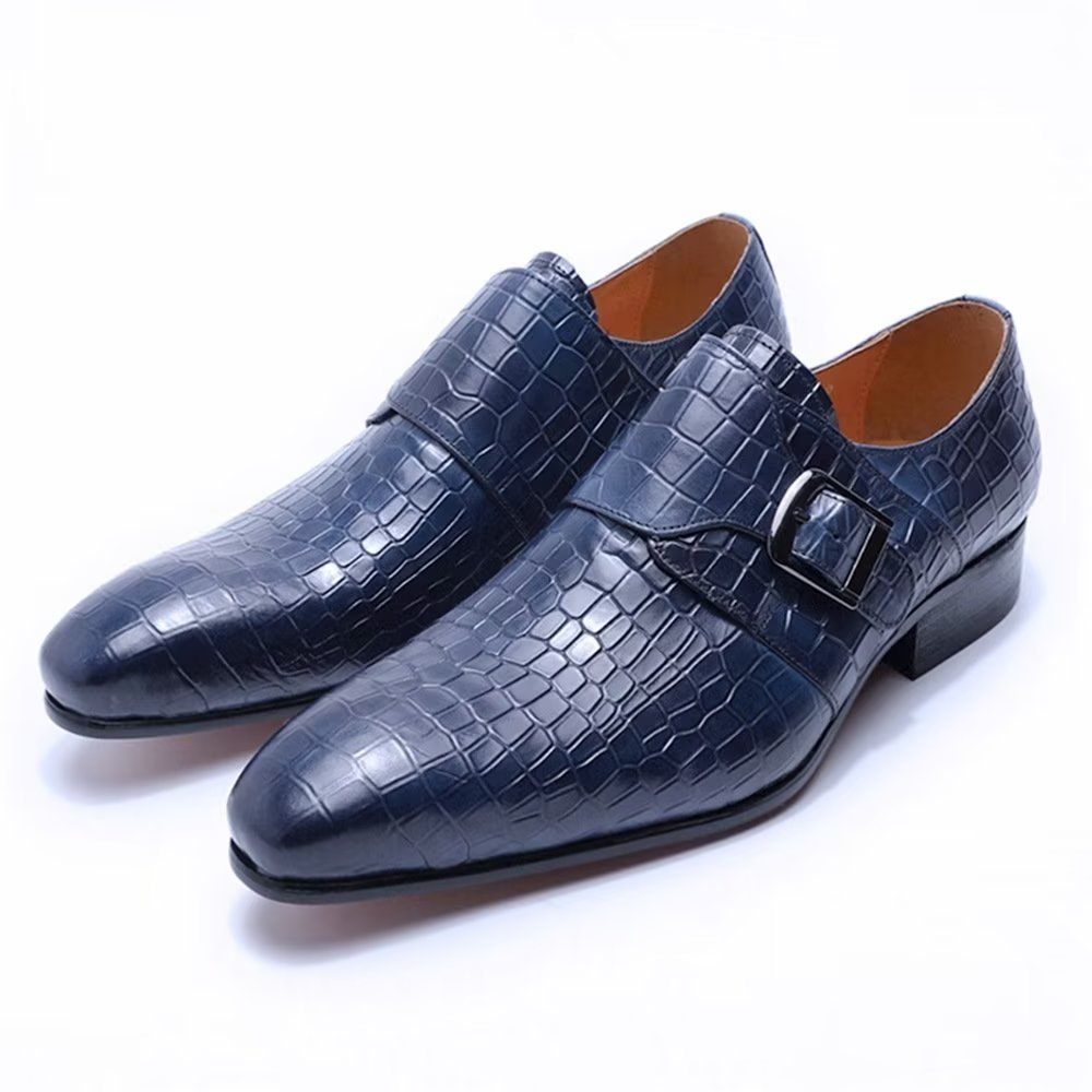 Chaussures Formelles Pour Hommes Habillées Élégantes Luxe Croco Avec Sangle Moine - Bleu