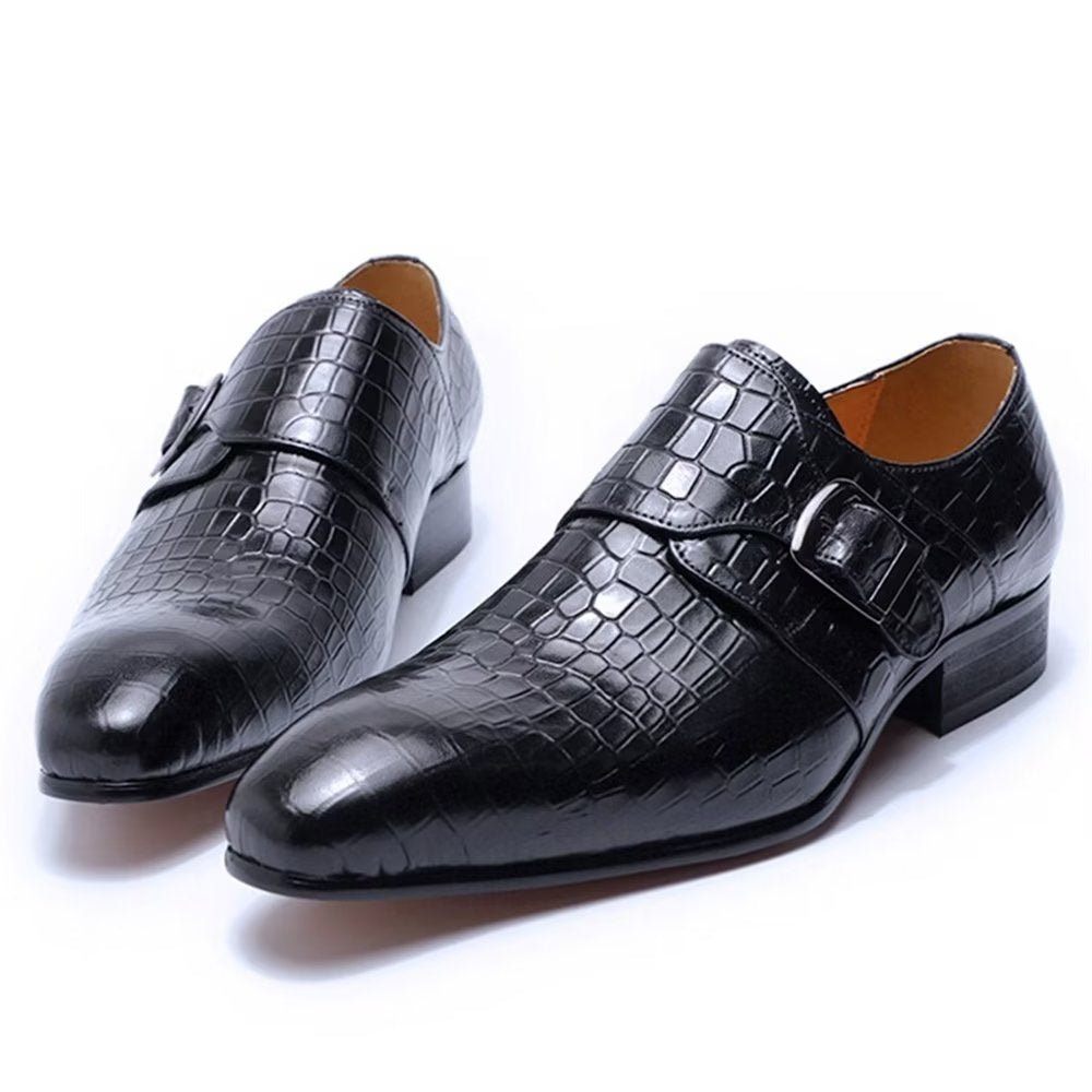 Chaussures Formelles Pour Hommes Habillées Élégantes Luxe Croco Avec Sangle Moine - Noir