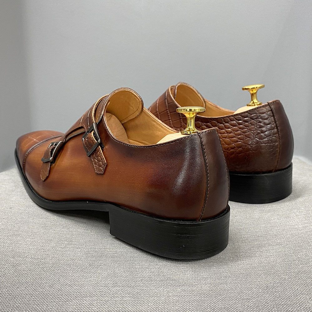 Chaussures Formelles Pour Hommes Habillées Élégantes À Sangle Moine Mélange Croco - Café