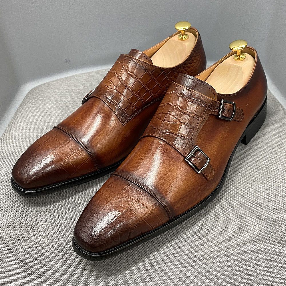 Chaussures Formelles Pour Hommes Habillées Élégantes À Sangle Moine Mélange Croco - Café