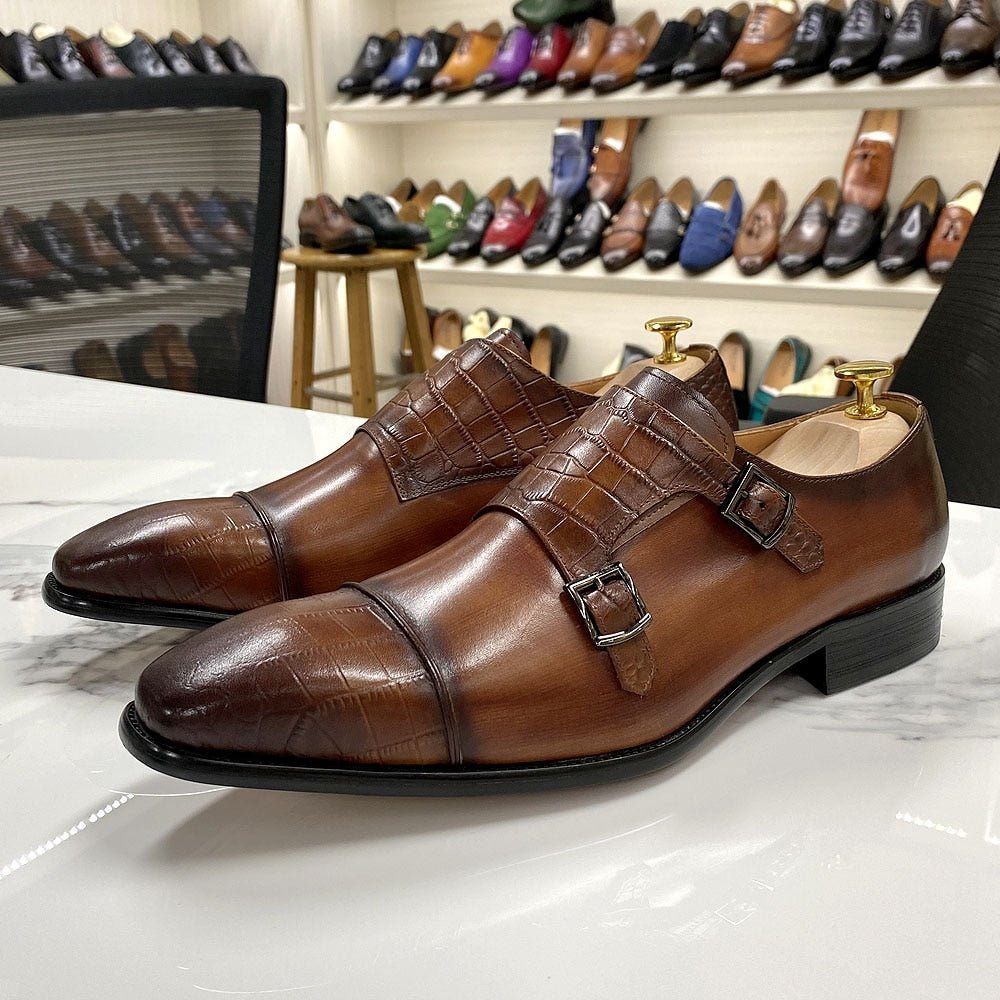 Chaussures Formelles Pour Hommes Habillées Élégantes À Sangle Moine Mélange Croco - Café