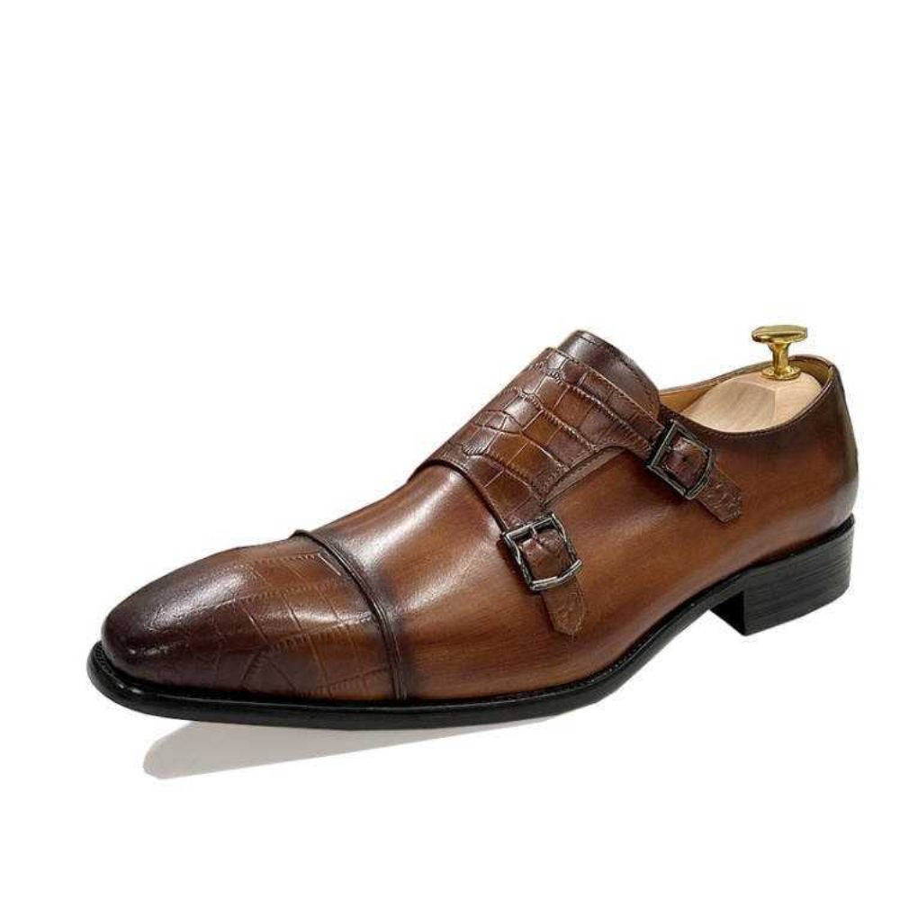 Chaussures Formelles Pour Hommes Habillées Élégantes À Sangle Moine Mélange Croco - Café