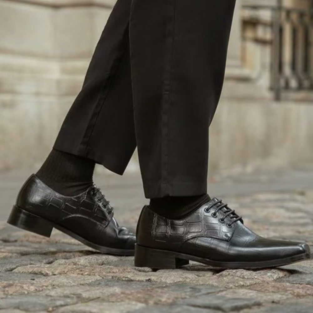 Chaussures Formelles Pour Hommes Habillées À Lacets Cuir Gaufré Élégant Bout Carré - Noir