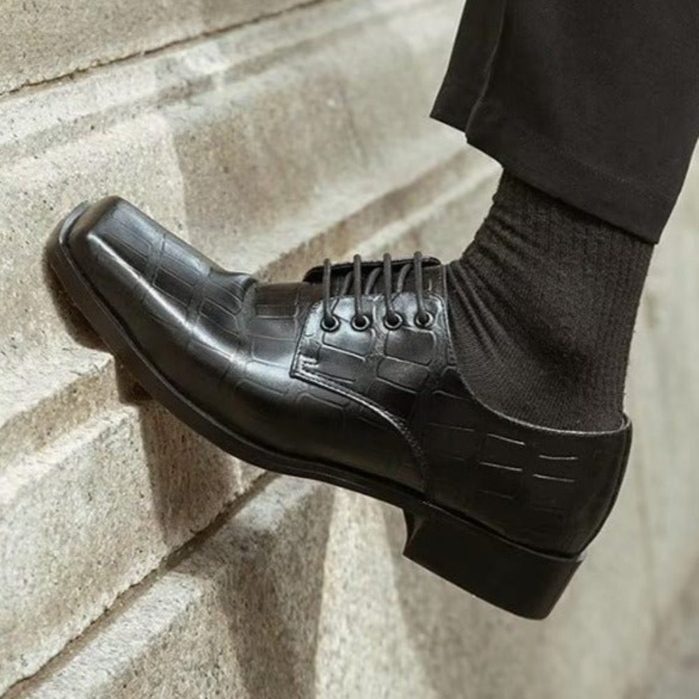 Chaussures Formelles Pour Hommes Habillées À Lacets Cuir Gaufré Élégant Bout Carré - Noir