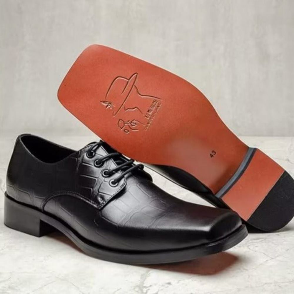 Chaussures Formelles Pour Hommes Habillées À Lacets Cuir Gaufré Élégant Bout Carré - Noir