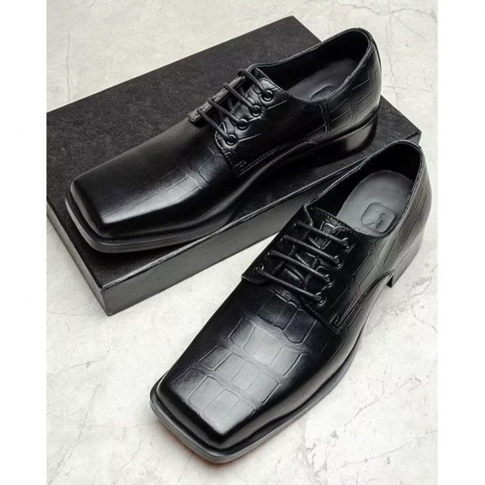 Chaussures Formelles Pour Hommes Habillées À Lacets Cuir Gaufré Élégant Bout Carré - Noir