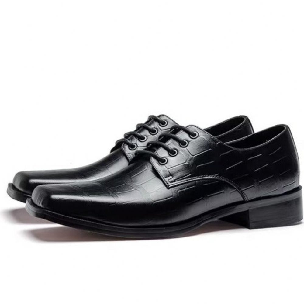 Chaussures Formelles Pour Hommes Habillées À Lacets Cuir Gaufré Élégant Bout Carré - Noir