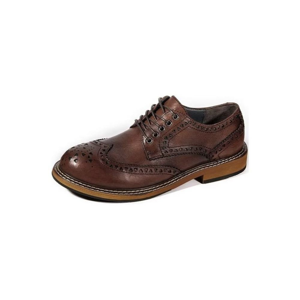 Chaussures Formelles Pour Hommes Habillées À Lacets Luxe Bout Rond Relief Chic - Café