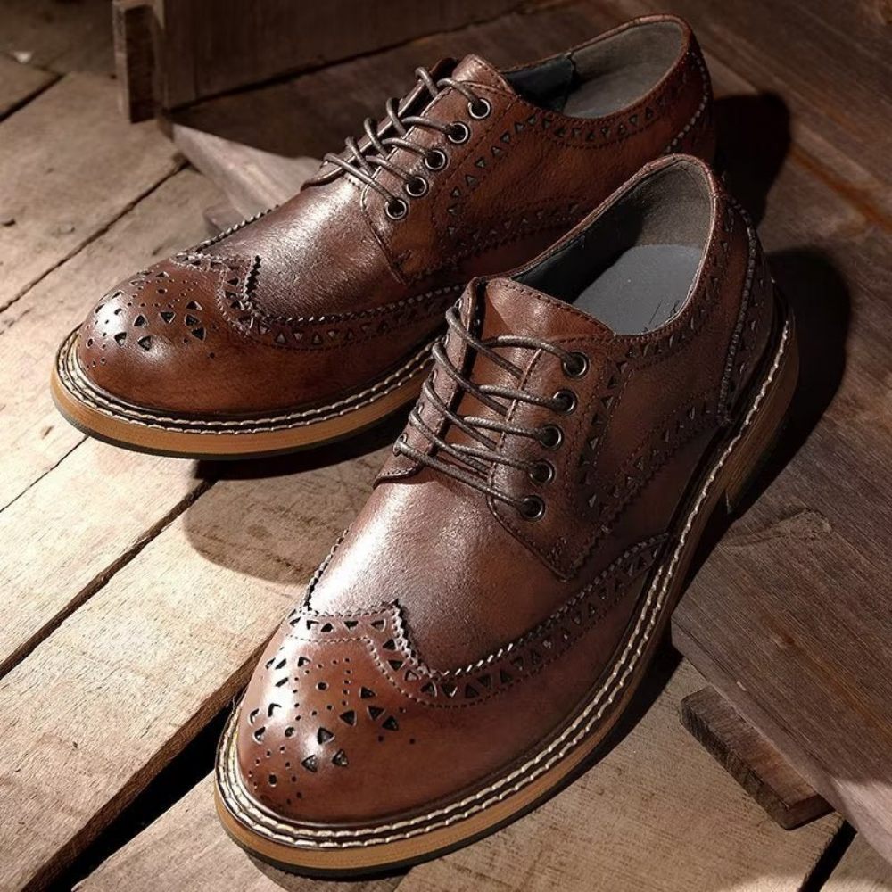 Chaussures Formelles Pour Hommes Habillées À Lacets Luxe Bout Rond Relief Chic - Café