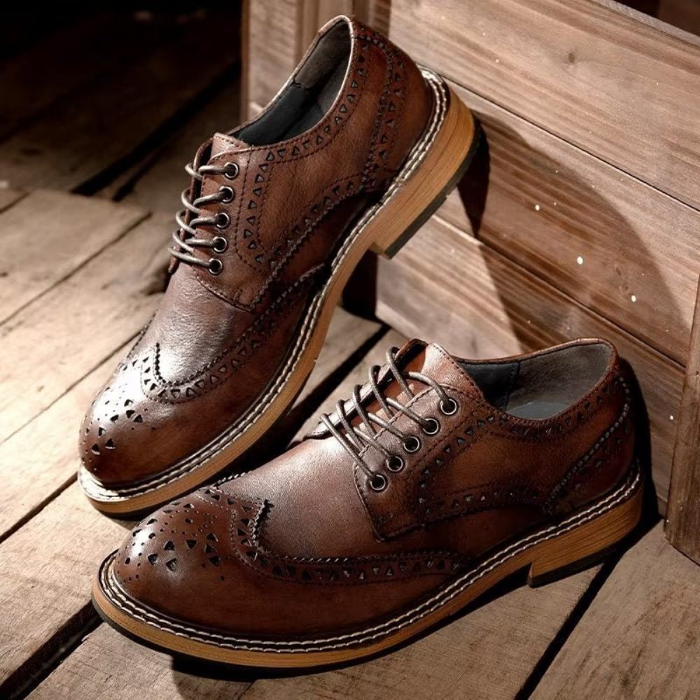 Chaussures Formelles Pour Hommes Habillées À Lacets Luxe Bout Rond Relief Chic - Café