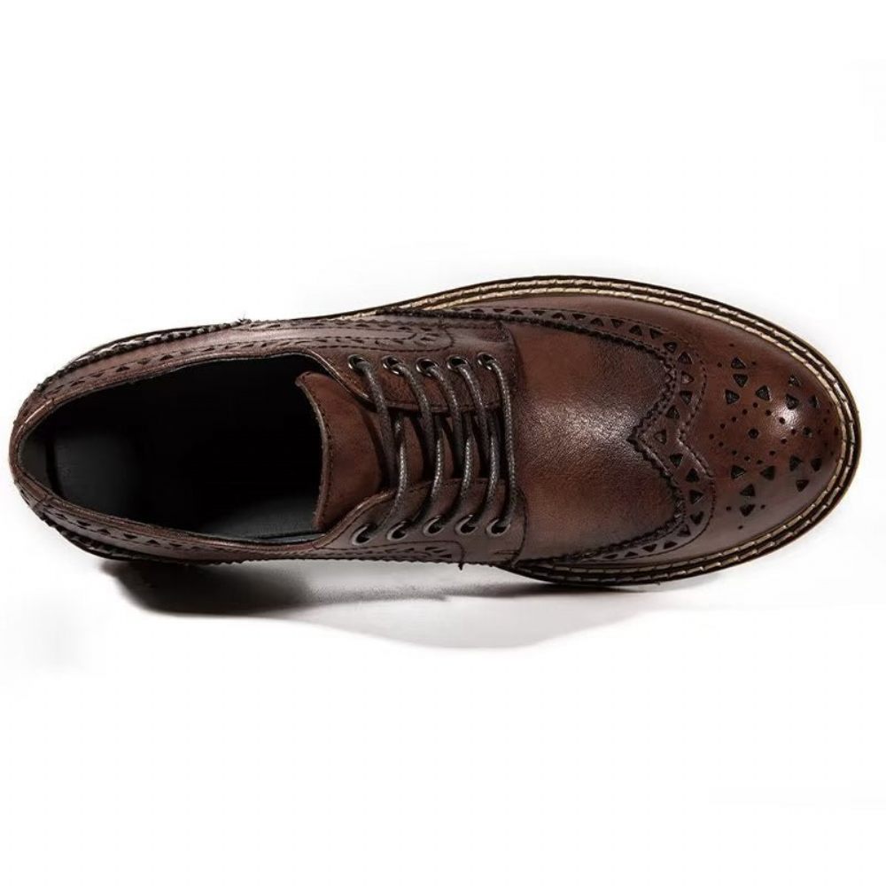 Chaussures Formelles Pour Hommes Habillées À Lacets Luxe Bout Rond Relief Chic - Café