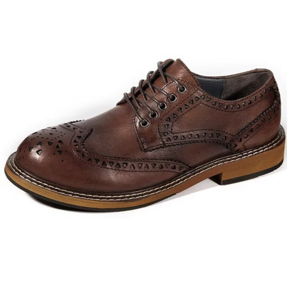 Chaussures Formelles Pour Hommes Habillées À Lacets Luxe Bout Rond Relief Chic - Café