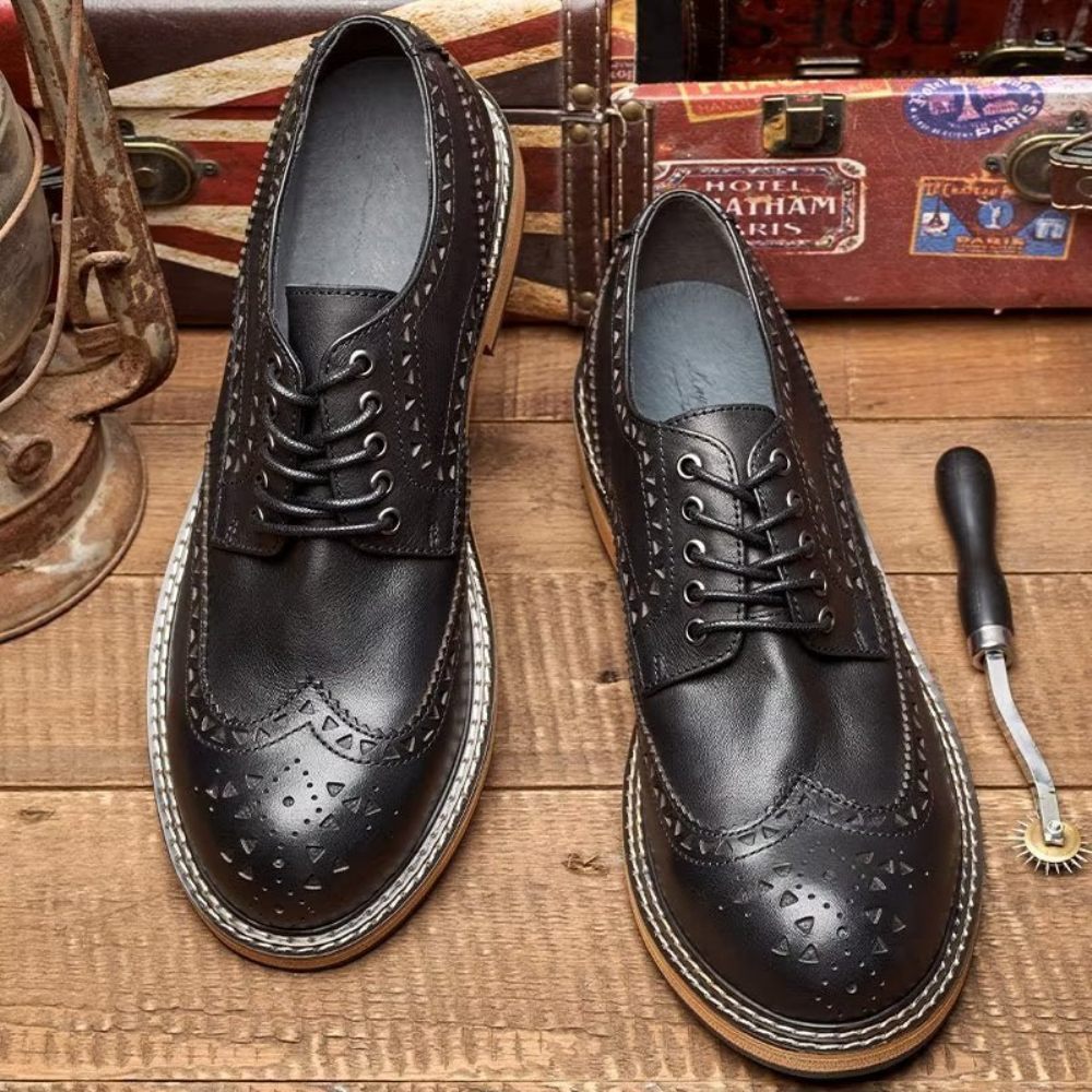 Chaussures Formelles Pour Hommes Habillées À Lacets Luxe Bout Rond Relief Chic - Noir