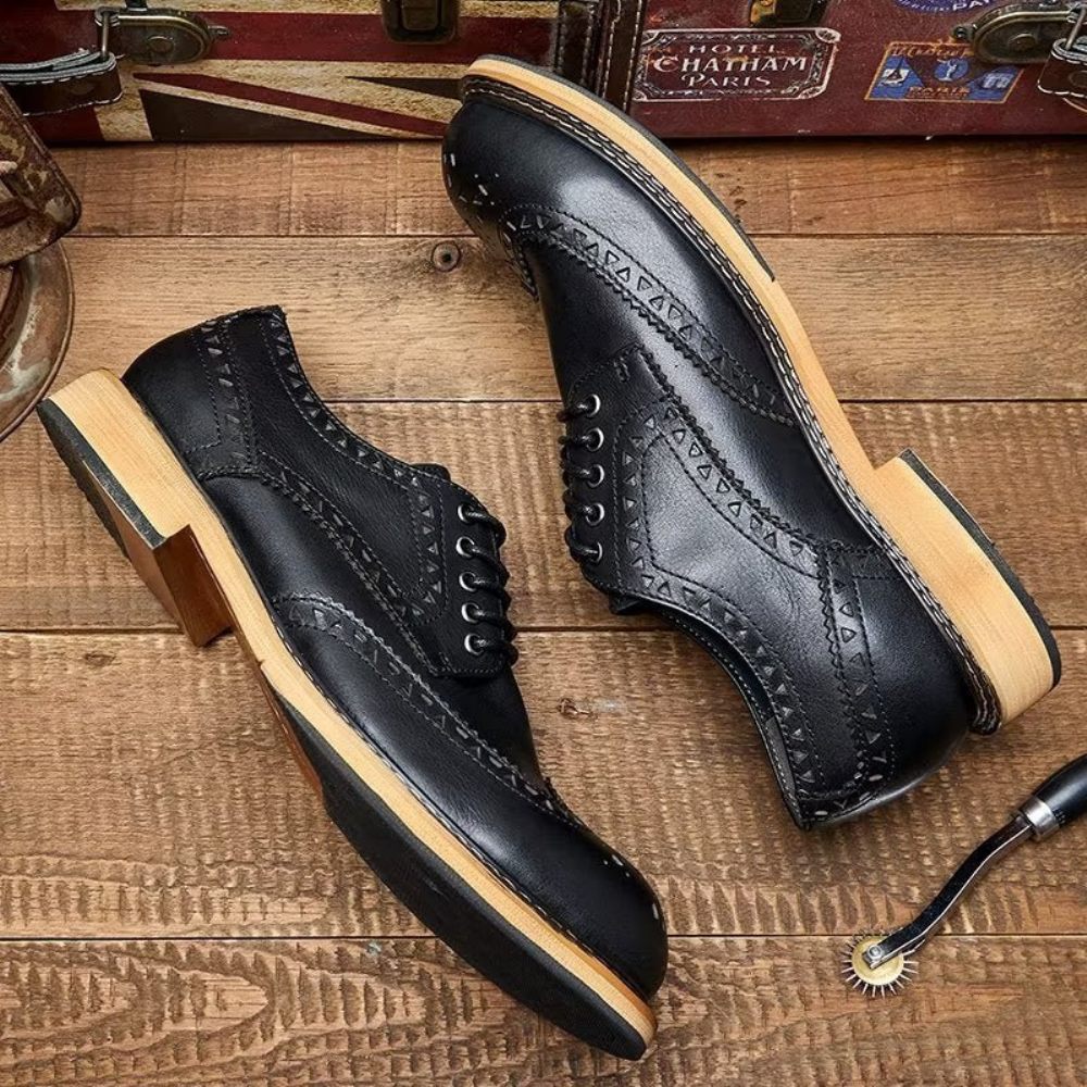 Chaussures Formelles Pour Hommes Habillées À Lacets Luxe Bout Rond Relief Chic - Noir