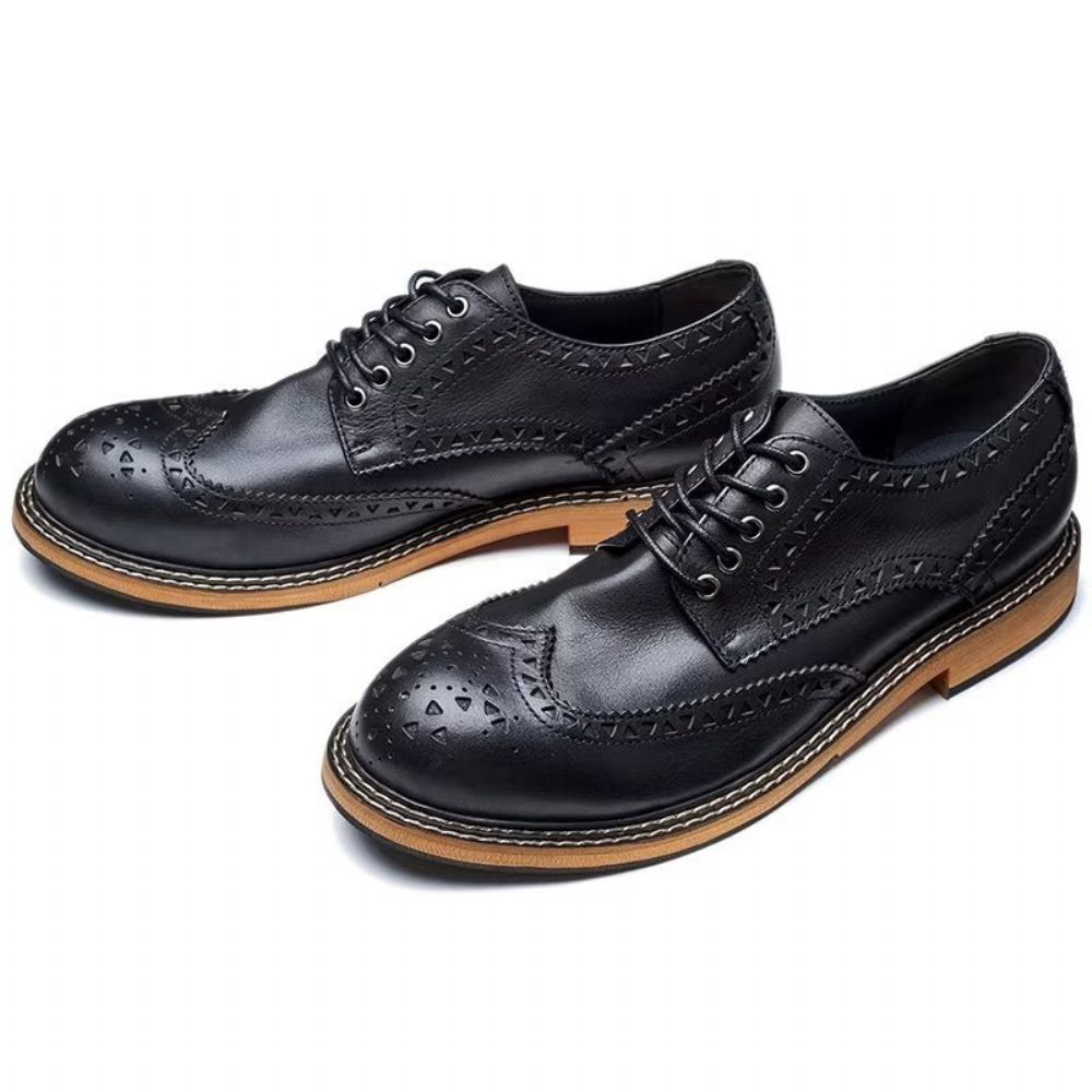 Chaussures Formelles Pour Hommes Habillées À Lacets Luxe Bout Rond Relief Chic - Noir