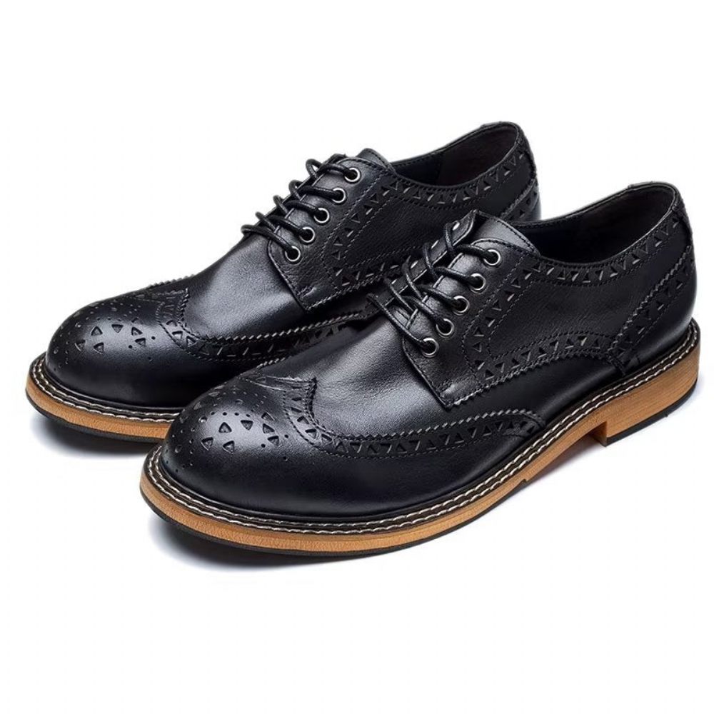 Chaussures Formelles Pour Hommes Habillées À Lacets Luxe Bout Rond Relief Chic - Noir