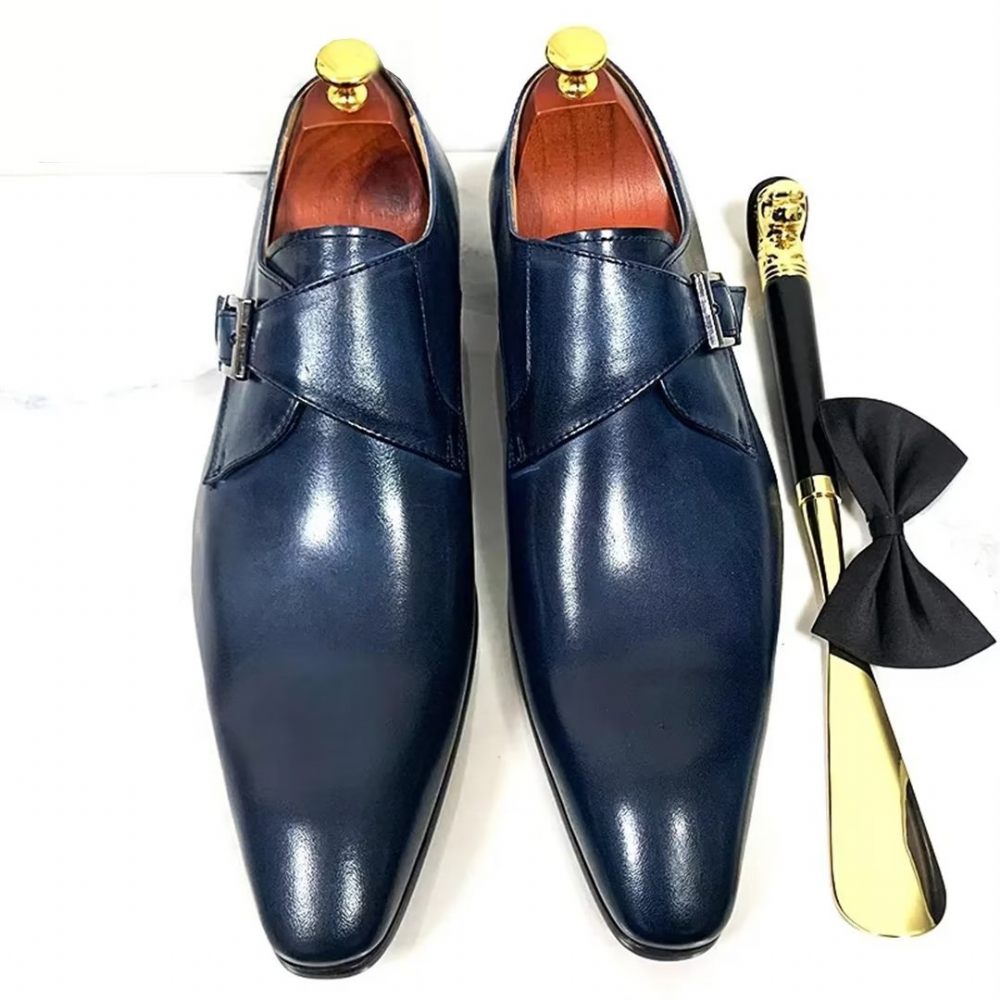 Chaussures Formelles Pour Hommes Habillées Opulentes Cuir Véritable À Bout Pointu - Bleu Foncé