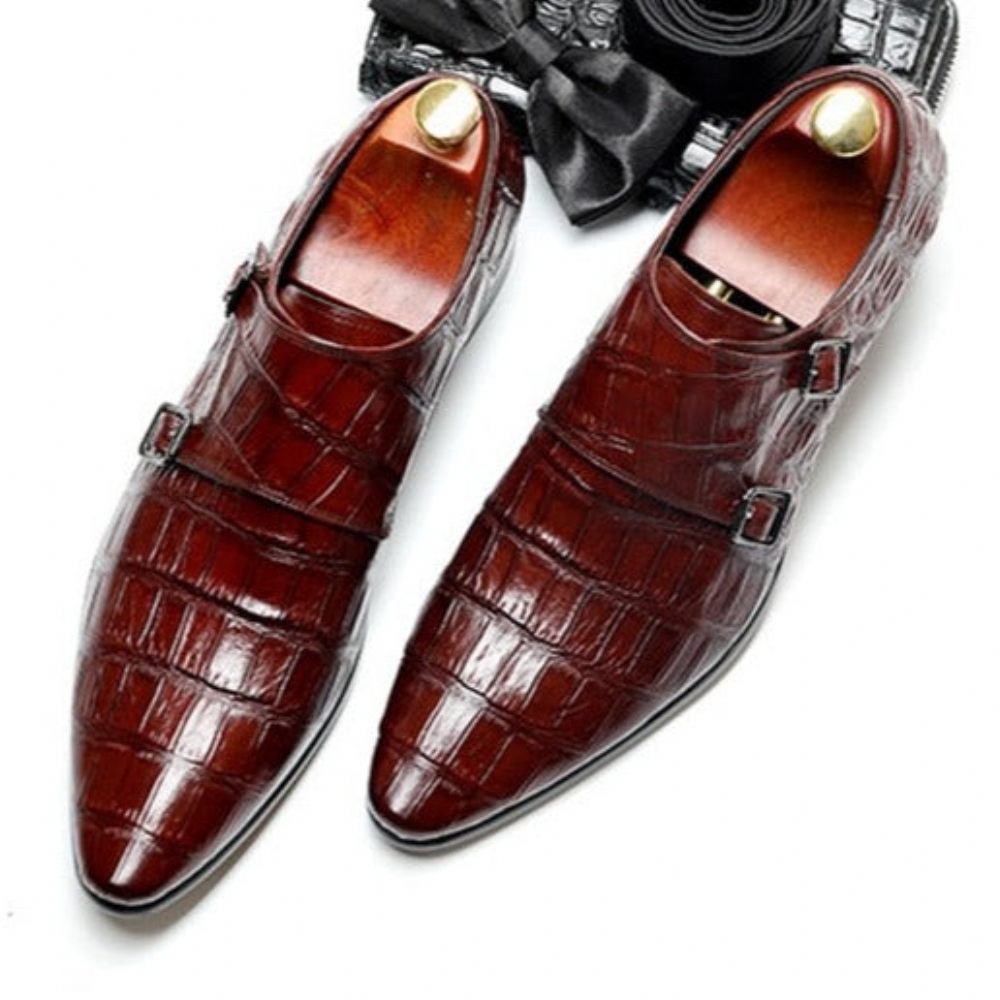 Chaussures Formelles Pour Hommes Habillées Oxford À Bracelet Cuir Crocodile Opulent - Rouge