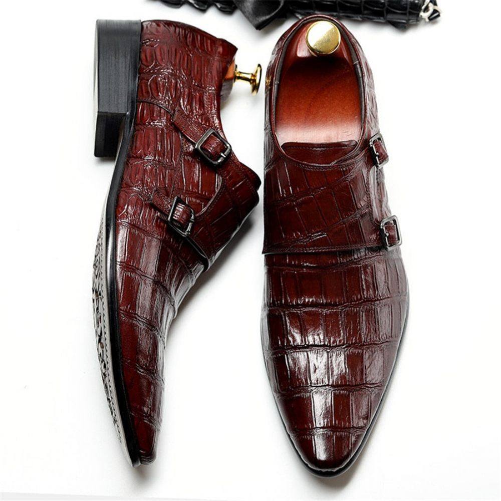 Chaussures Formelles Pour Hommes Habillées Oxford À Bracelet Cuir Crocodile Opulent - Rouge