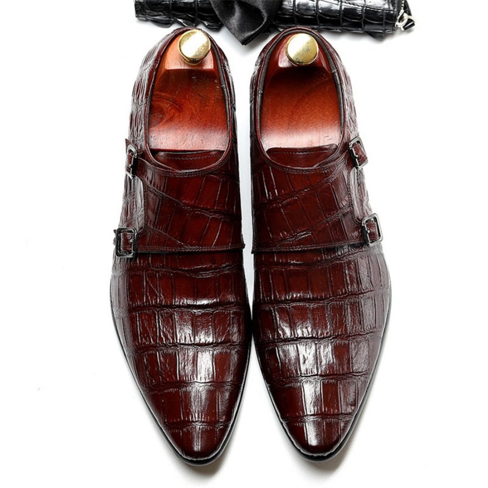 Chaussures Formelles Pour Hommes Habillées Oxford À Bracelet Cuir Crocodile Opulent - Rouge