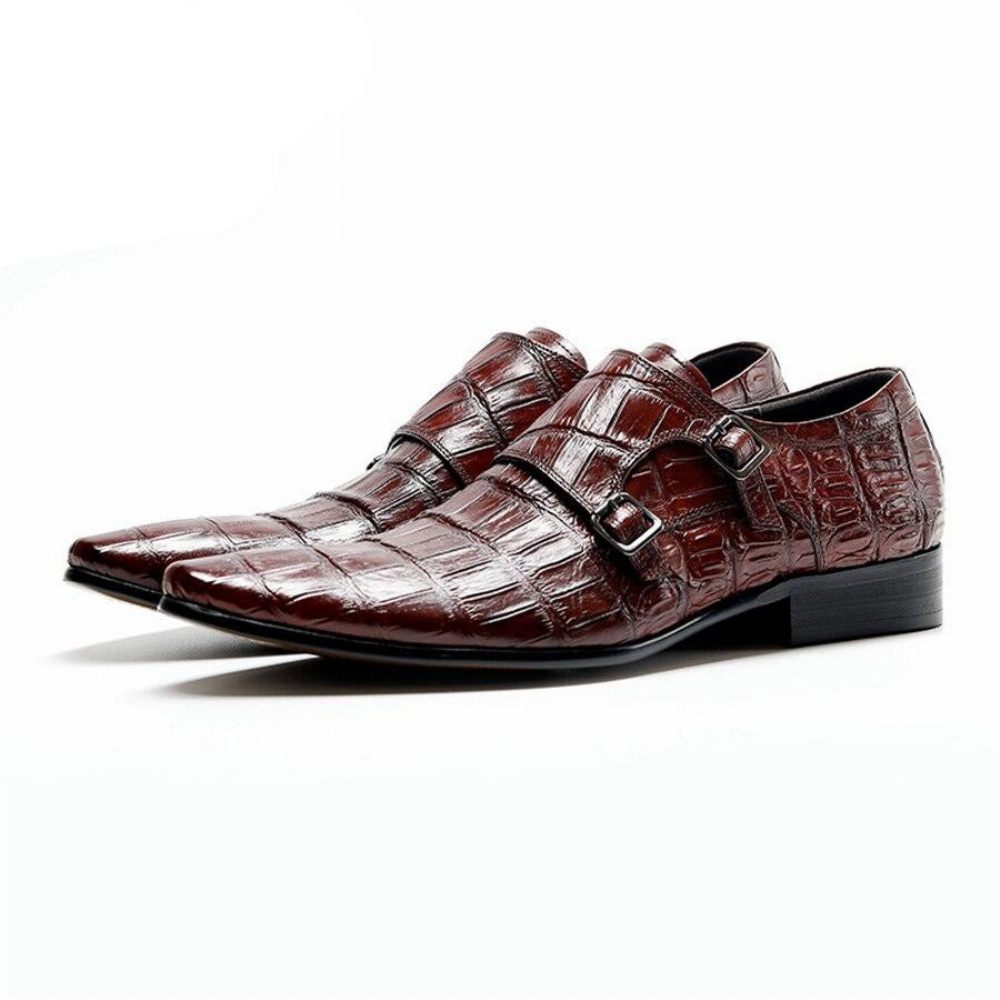 Chaussures Formelles Pour Hommes Habillées Oxford À Bracelet Cuir Crocodile Opulent - Rouge