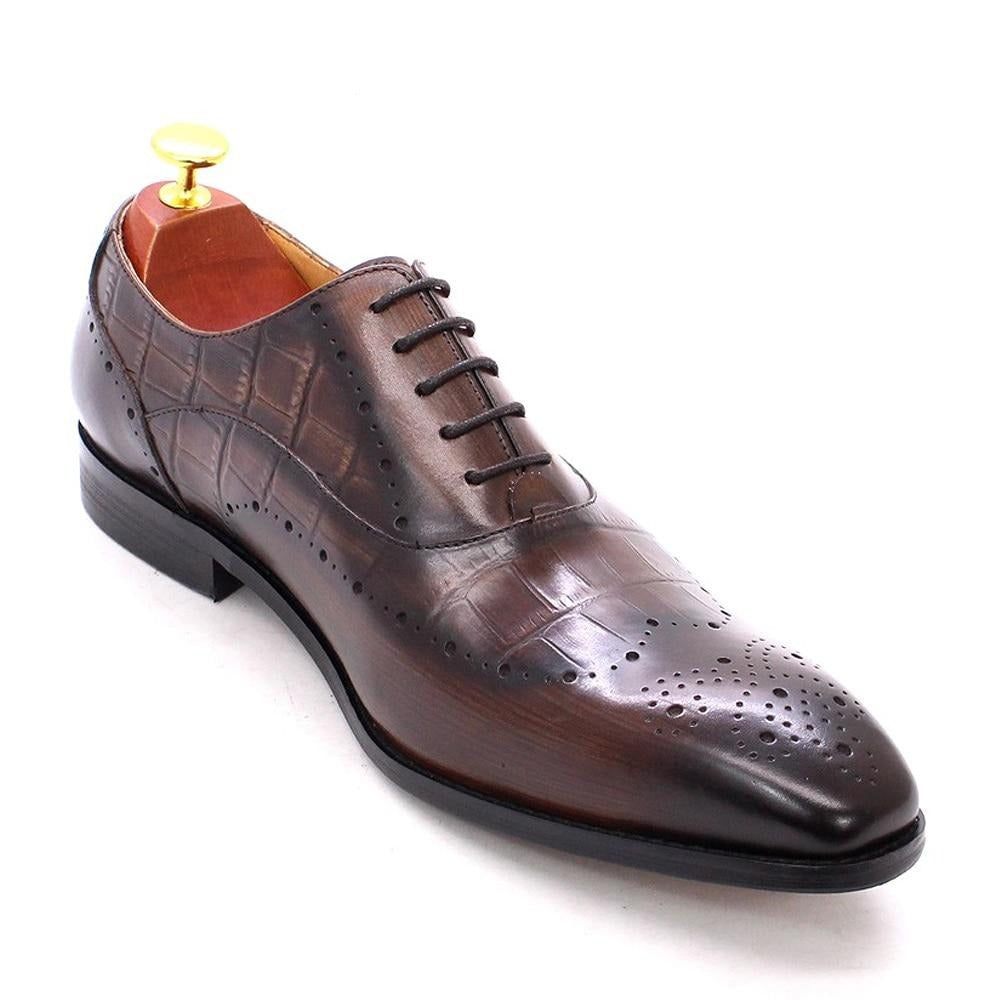 Chaussures Formelles Pour Hommes Habillées Oxford Brogue Cuir Crocodile Luxe - Café