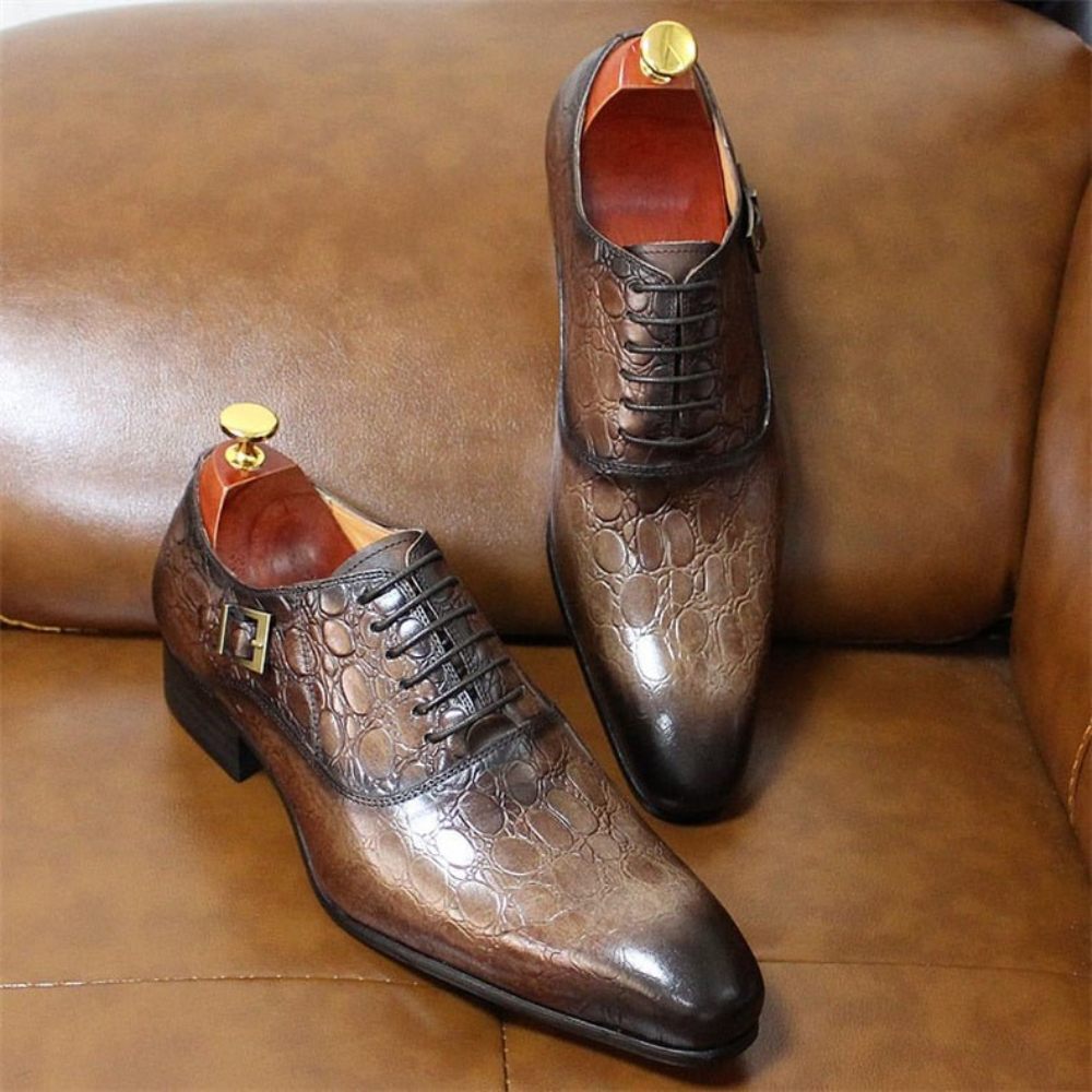 Chaussures Formelles Pour Hommes Habillées Oxford Cuir À Bout Pointu - Café