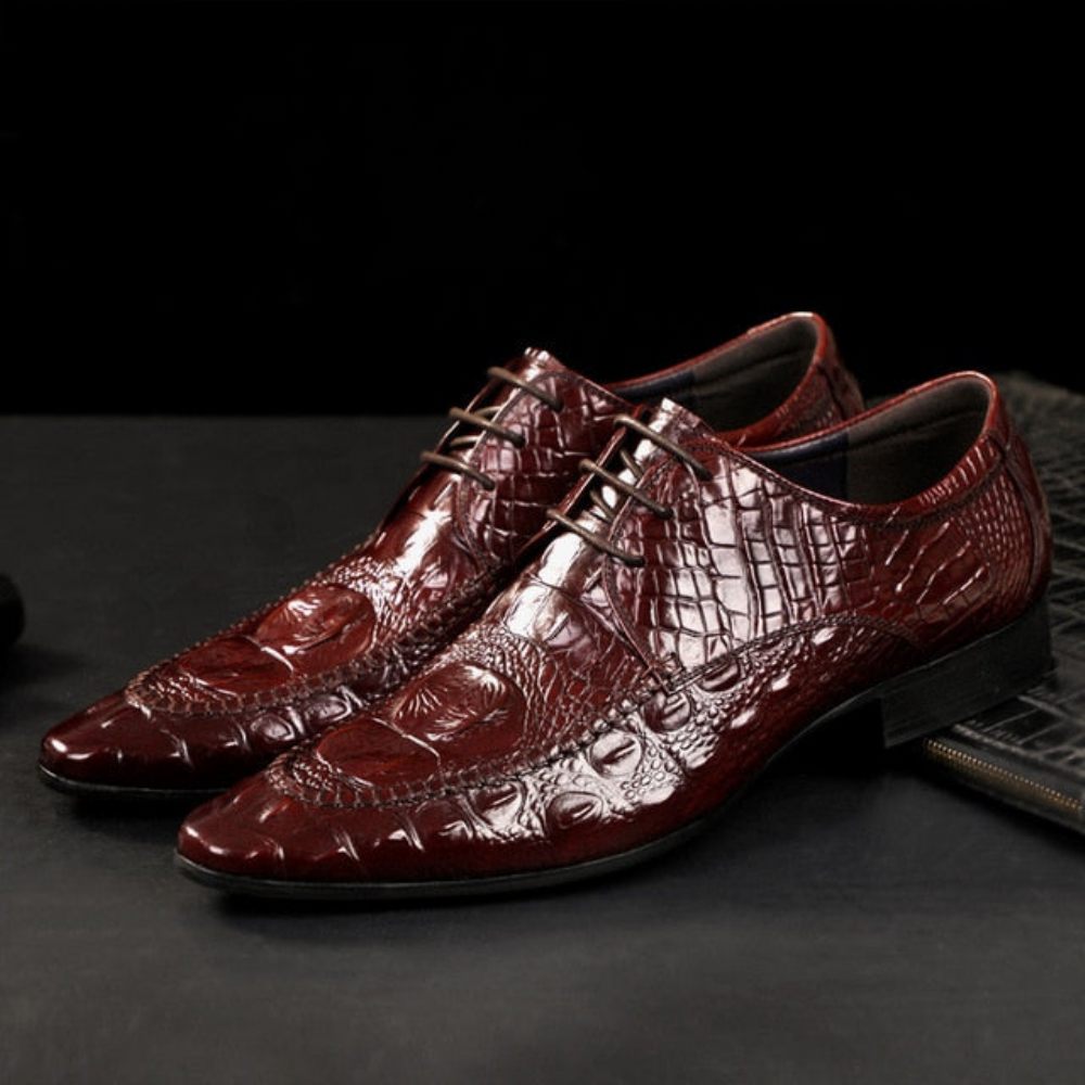 Chaussures Formelles Pour Hommes Habillées Oxford Cuir Crocodile Luxe - Rouge