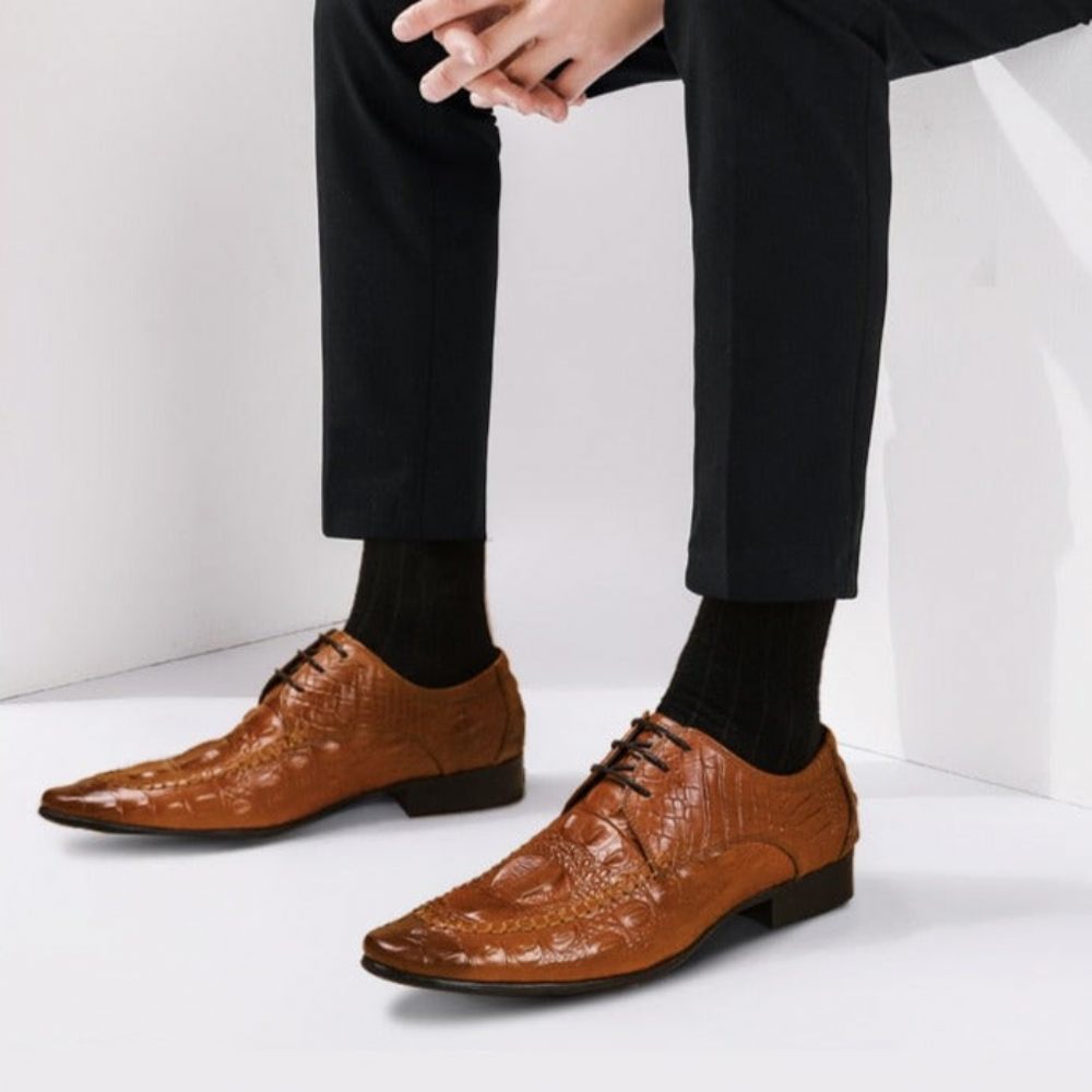 Chaussures Formelles Pour Hommes Habillées Oxford Cuir Crocodile Luxe - Marron