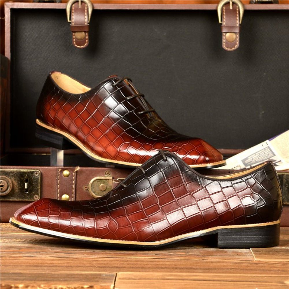 Chaussures Formelles Pour Hommes Habillées Oxford Cuir Gaufré Croco - Café