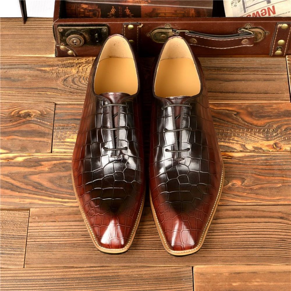 Chaussures Formelles Pour Hommes Habillées Oxford Cuir Gaufré Croco - Café