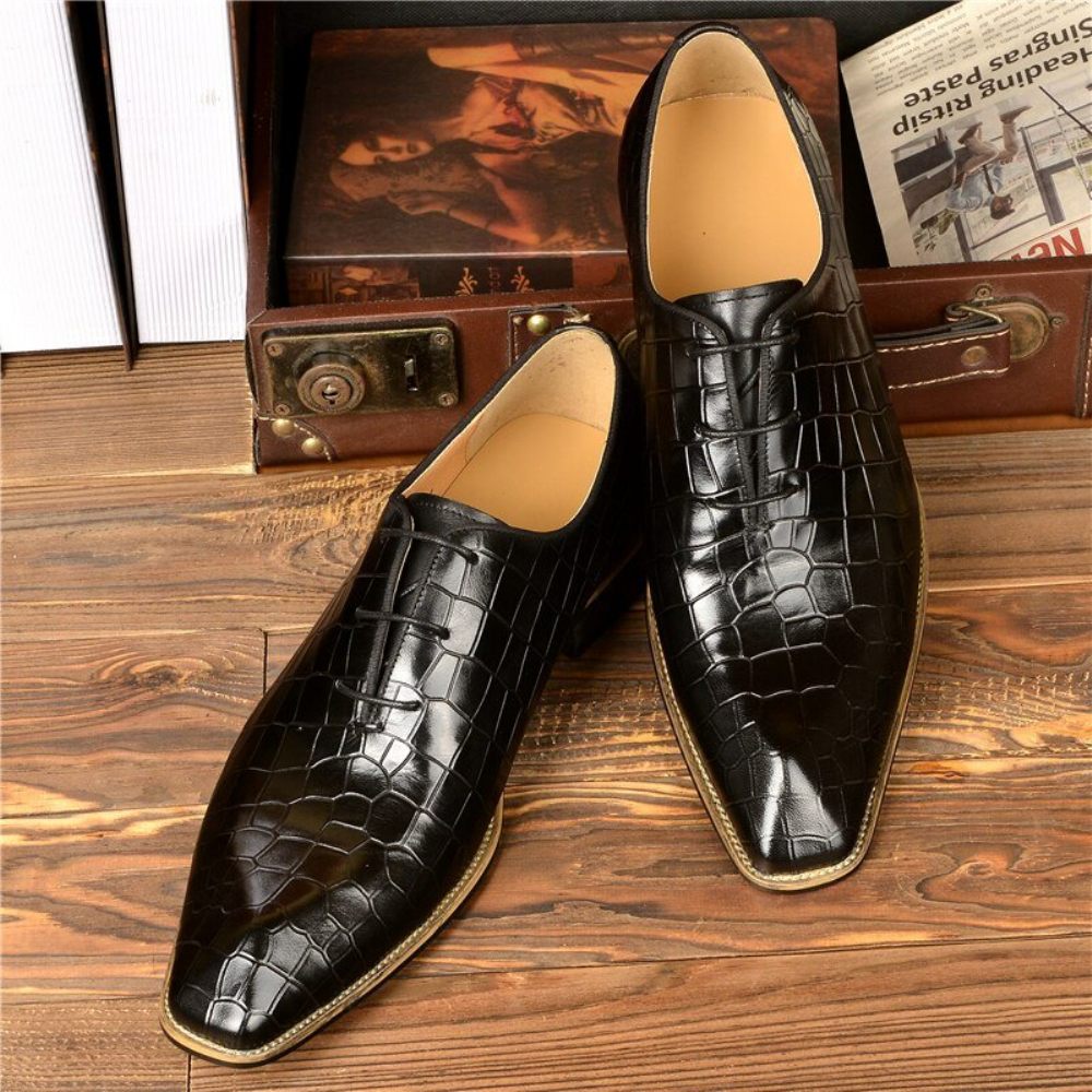 Chaussures Formelles Pour Hommes Habillées Oxford Cuir Gaufré Croco - Noir