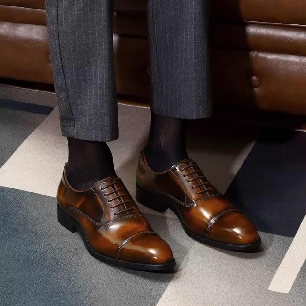 Chaussures Formelles Pour Hommes Habillées Oxford Cuir Luxe À Bout Rond - Café